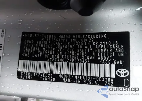 2022 Toyota Corolla Xse from USA, damaged, VIN 5YFT4MCE7NP128457